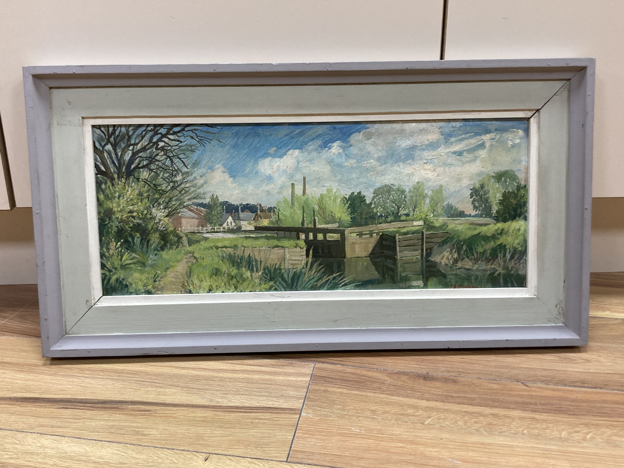 Frederick Henry Stonham (1924-2003), oil on canvas, River landscape beside a loch, signed, 19 x 48cm
